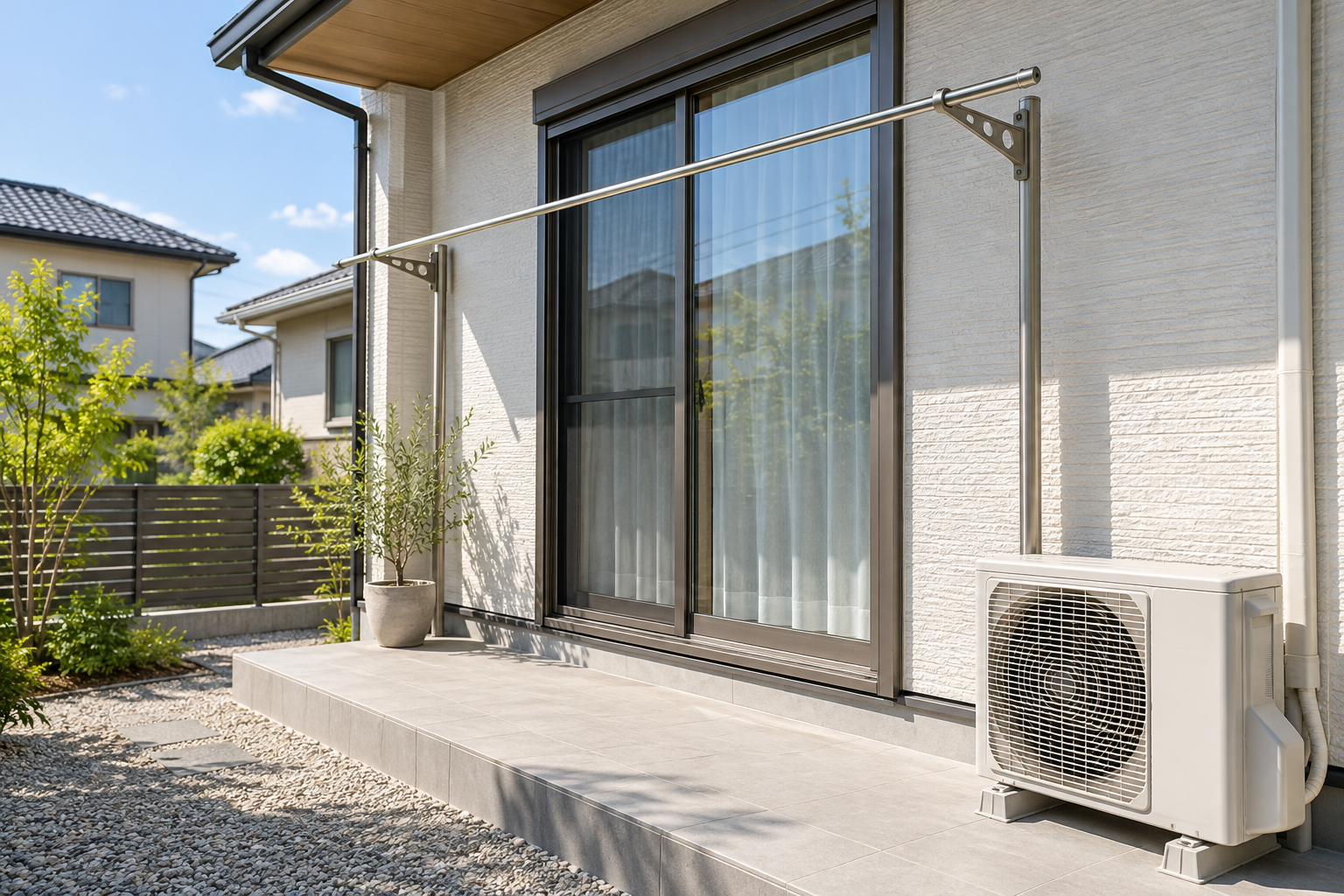 住宅の窓、物干し竿と通風を妨げていないエアコン室外機のイメージ（AI生成）
